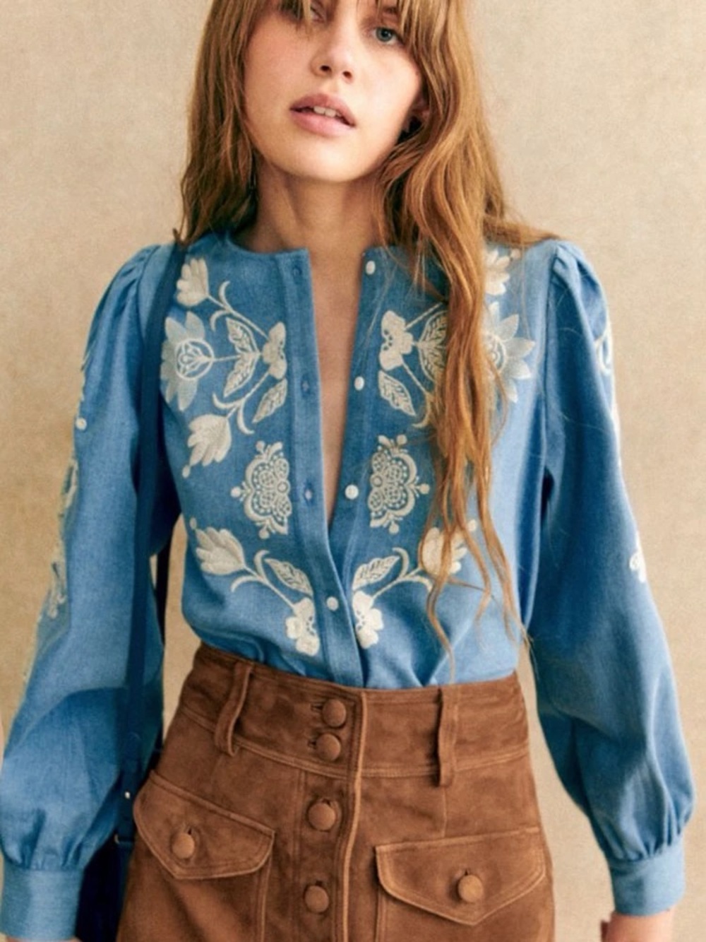 Sezane Embroidered Blue Cotton-Blend Peasant Blouse, S M L - Picture 1 of 4